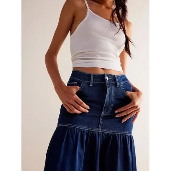 Free People We The Free Jordan Maxi Skirt Denim High Rise‎ Stretch Dark Wash 0&6 - Picture 6 of 9